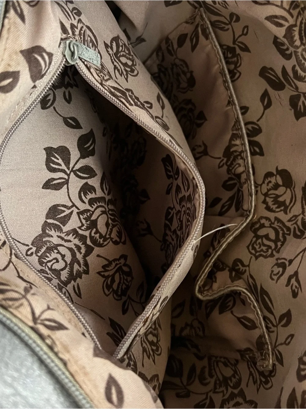 Limelight Metallic Silver Tote Bag, Brown Trim, Braided Detail & Floral Lining - Picture 13 of 16